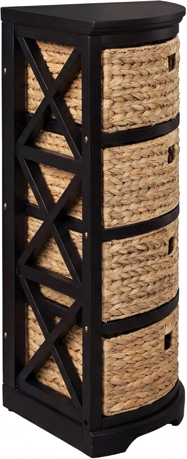 eHemco Hampton Meadows 4 Tier X-Side Corner Table Storage Cabinet with 4 Wicker Baskets, Black, 32.2 Inches High, 14 Inches Wide