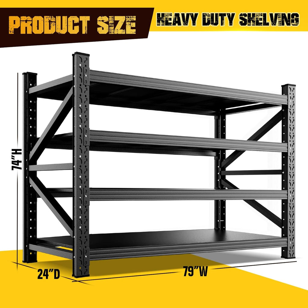 79"W Garage Shelving,8000lb Heavy Duty Storage Shelves,Industrial Metal Storage Shelving,Easy to install Standing Garage Shelf,4 Tier Adjustable Shelving Unit for Warehouse,Basement,74"H x 79"W x 24"D
