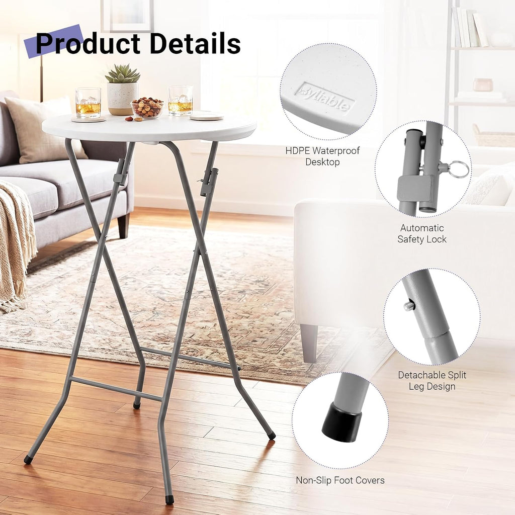 Byliable 24in Round Cocktail Table, Bar Height High Top Foldable Bistro Table with Removable Legs, Portable Plastic Indoor Outdoor for Patio, Party, Backyard, Events, White