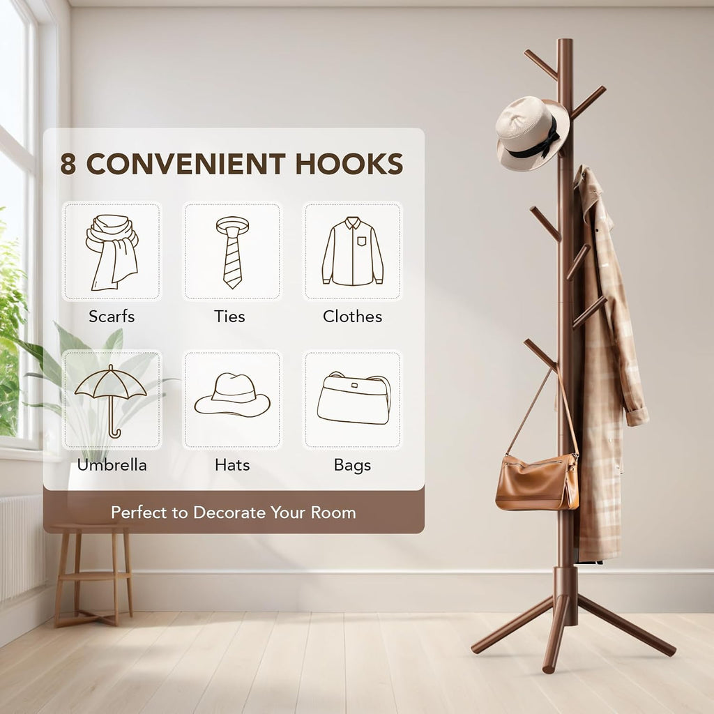 Hupmad Wooden Tree Coat Rack Stand,Sturdy Freestanding Coat Rack with 8 Hooks,3 Adjustable Height for Child Adult,Wood Coat Stand Tree Fits Entryway Bedroom Office for Bags,Hats, 2 Pack