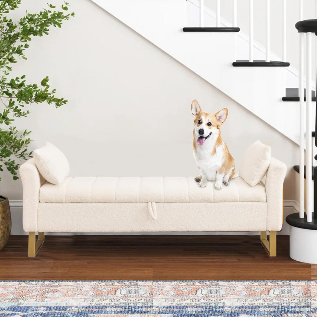 66'' King Size Storage Bench for Bedroom End of Bed, Bedroom Benches for Foot of Bed King with Gold Legs, Cream White Storage Ottoman Bench with Storage for Bedroom, Teddy