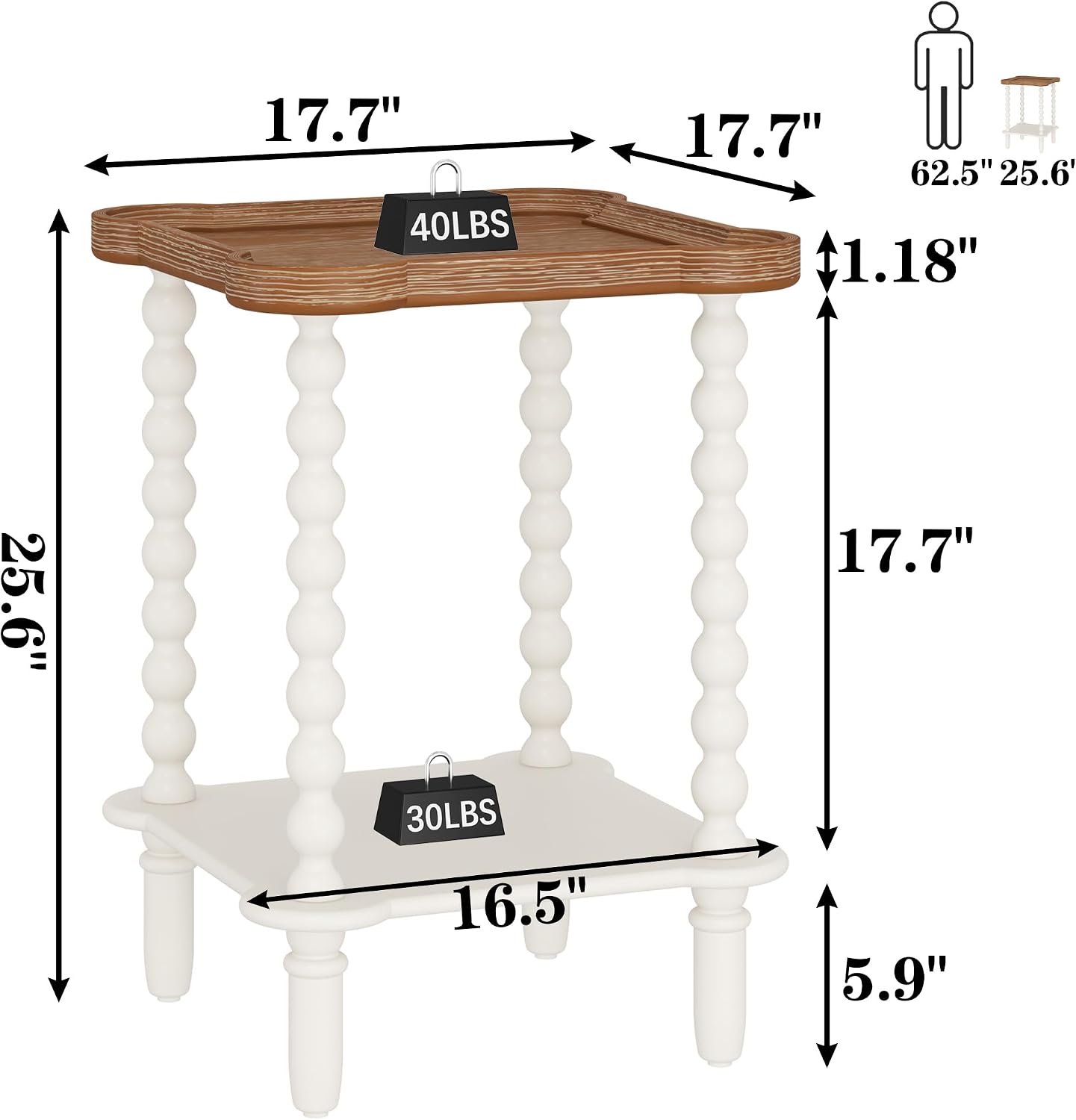 Function Home Square Side Table, 2 Tier Farmhouse End Table with Open Shelf, 17.7" French Country Nightstand for Living Room Bedroom Small Space, Handcraft Natural Tray Top & Vintage White Spindle Leg
