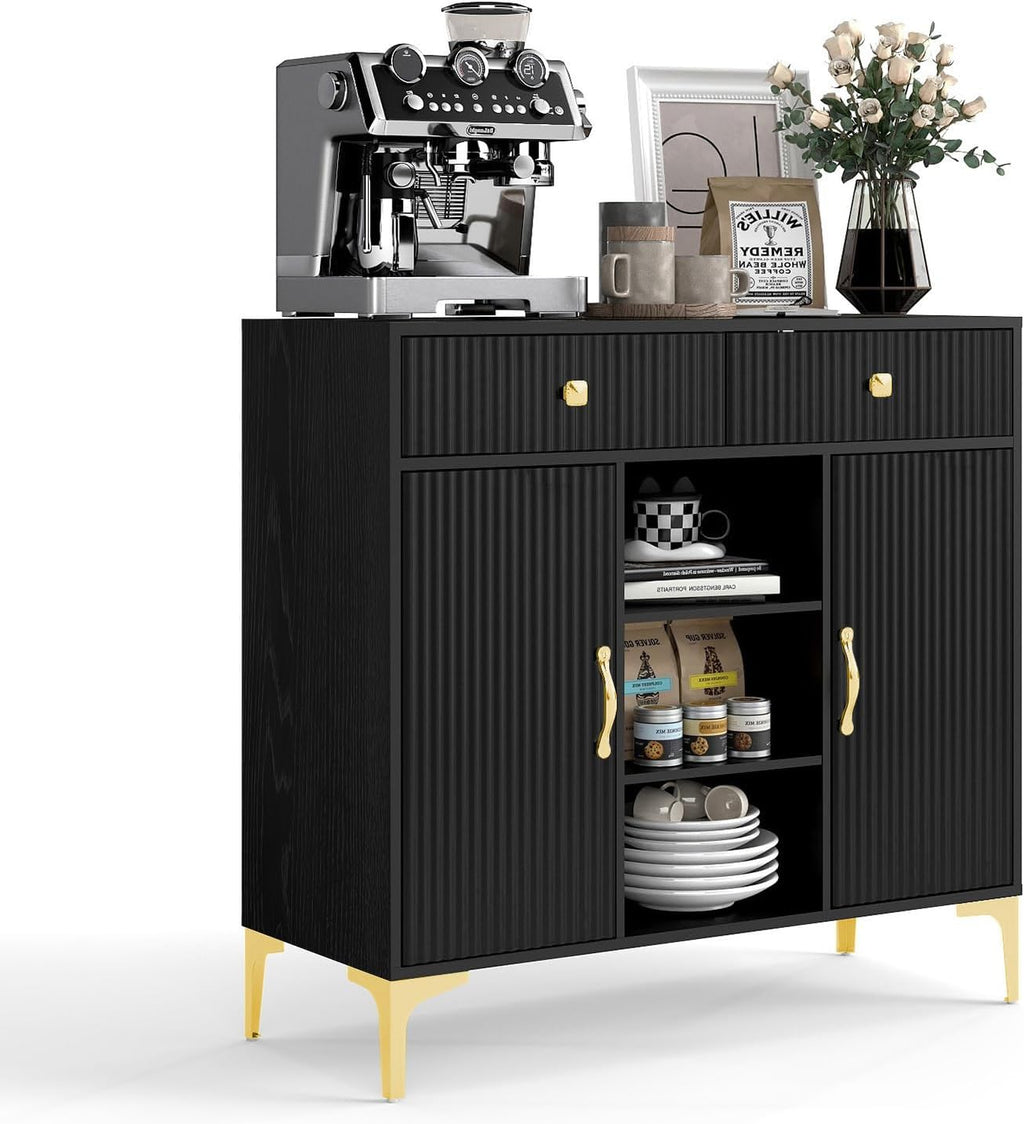 Black Sideboard Buffet Cabinet with Adjustable Shelves, Modern Storage Cabinet with Drawers and Doors, Sleek Buffet for Dining Room, Living Room, Entryway, 39.4 Inch