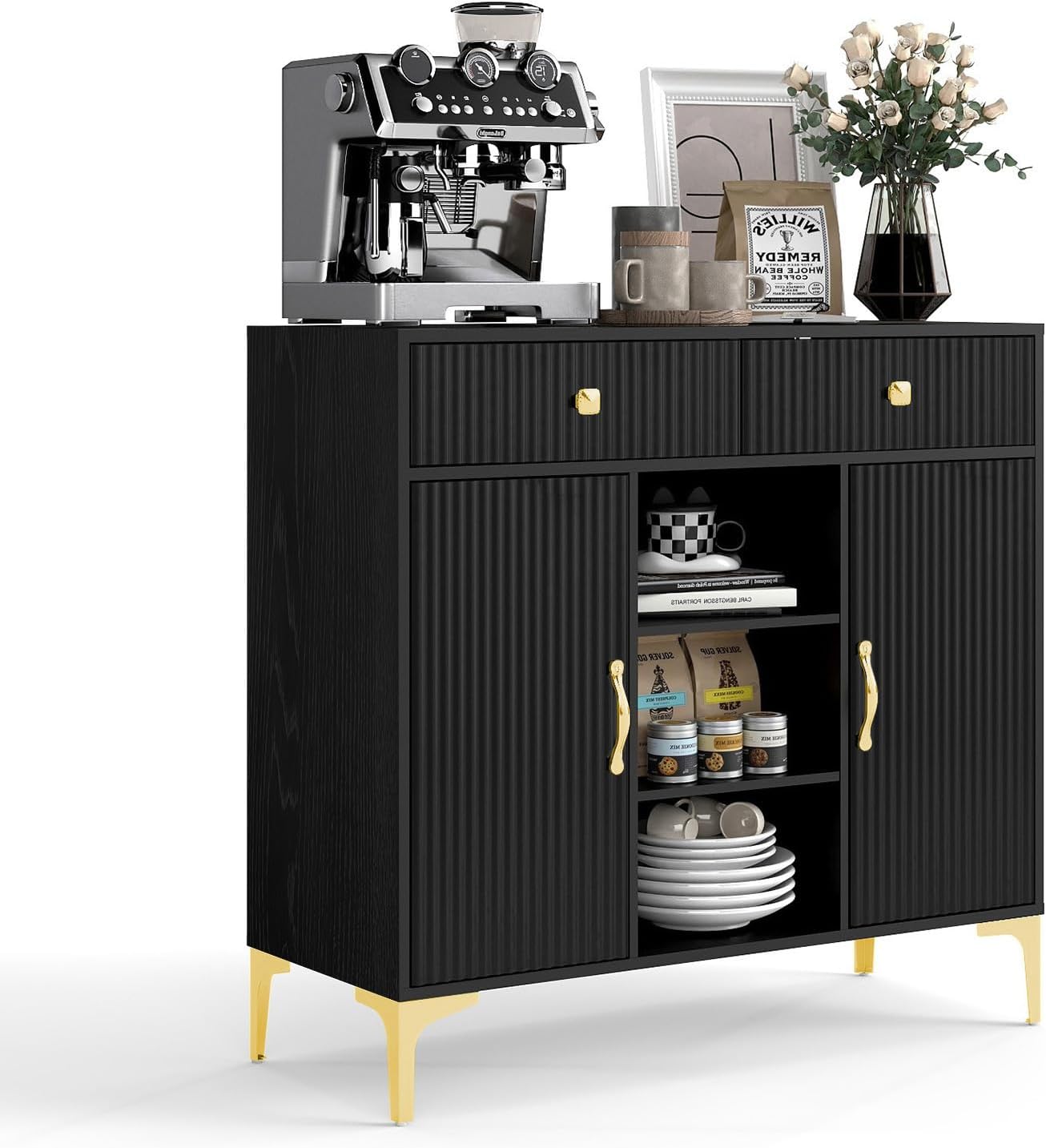 Black Sideboard Buffet Cabinet with Adjustable Shelves, Modern Storage Cabinet with Drawers and Doors, Sleek Buffet for Dining Room, Living Room, Entryway, 39.4 Inch