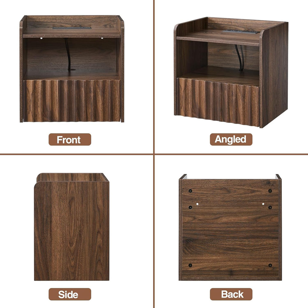 BuildHom Modern Fluted Floating Nightstand Wall Mounted Set of 2- Bedside Table with Storage Drawer & Display Shelf, Minimalist Bedroom Furniture for Studio Apartments (Walnut)