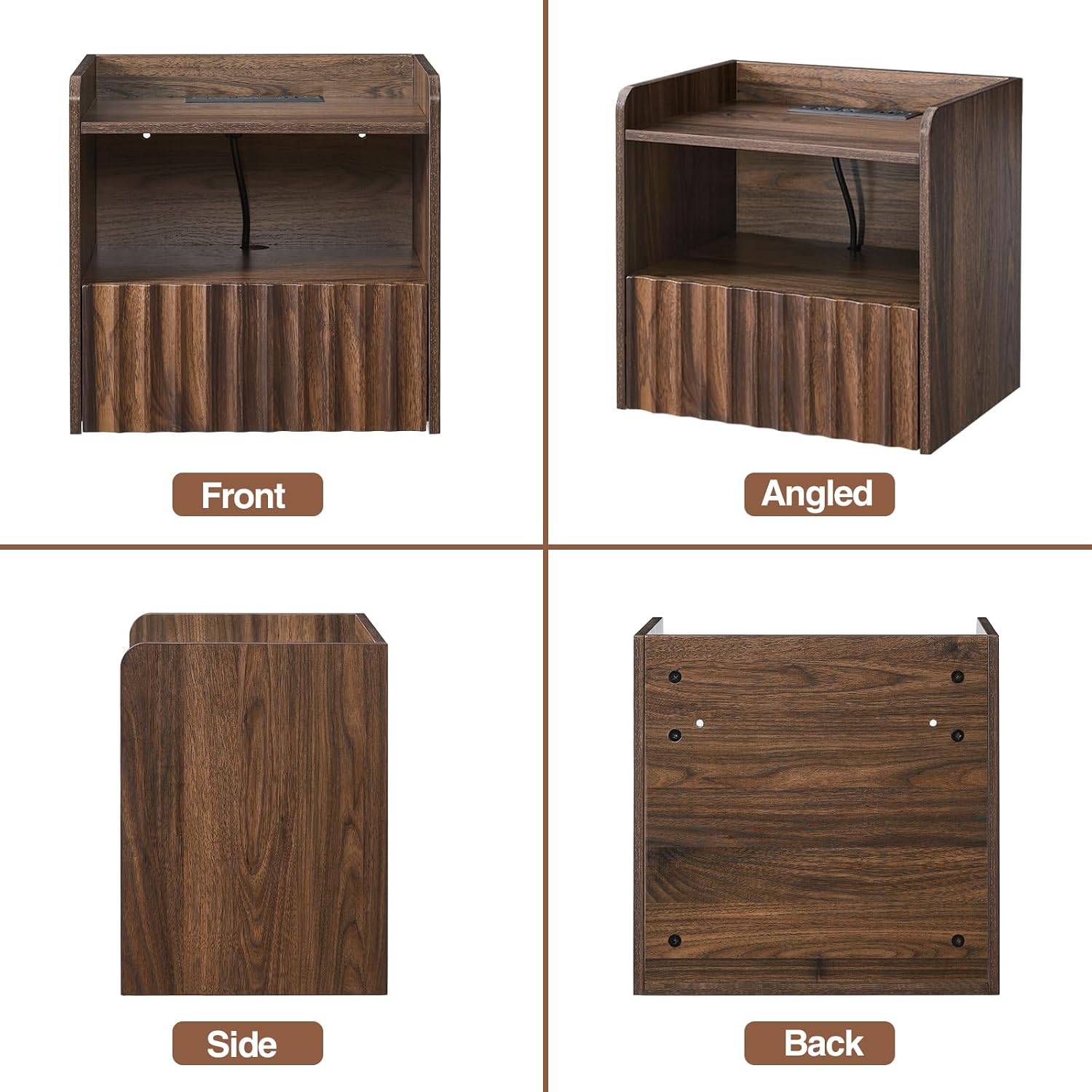 BuildHom Modern Fluted Floating Nightstand Wall Mounted Set of 2- Bedside Table with Storage Drawer & Display Shelf, Minimalist Bedroom Furniture for Studio Apartments (Walnut)
