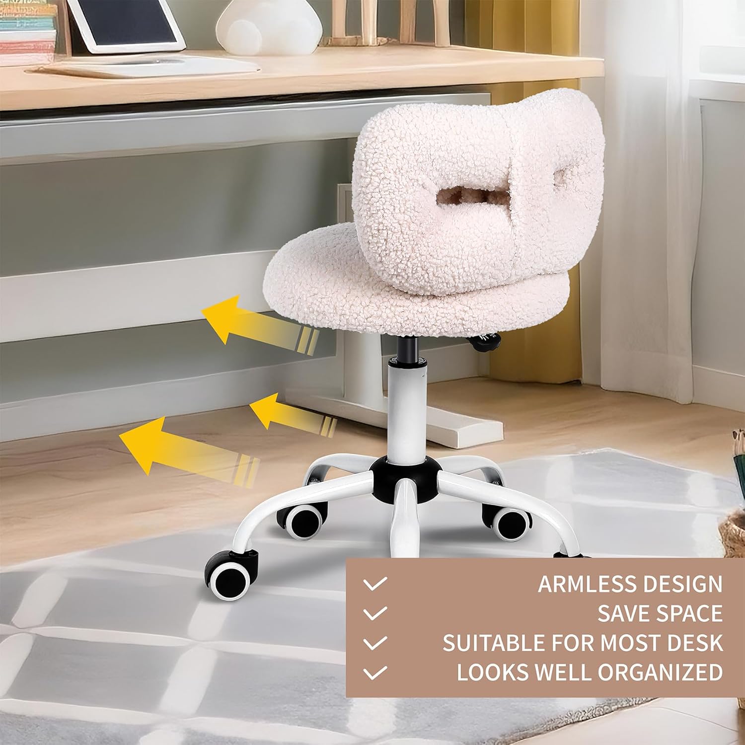 Kids' Desk Chair with Bow Design, Cute Upholstered Swivel Chair with Wheels and Adjustable Height, Small Comfy Armless Chairs for Girls/Children (Cream)
