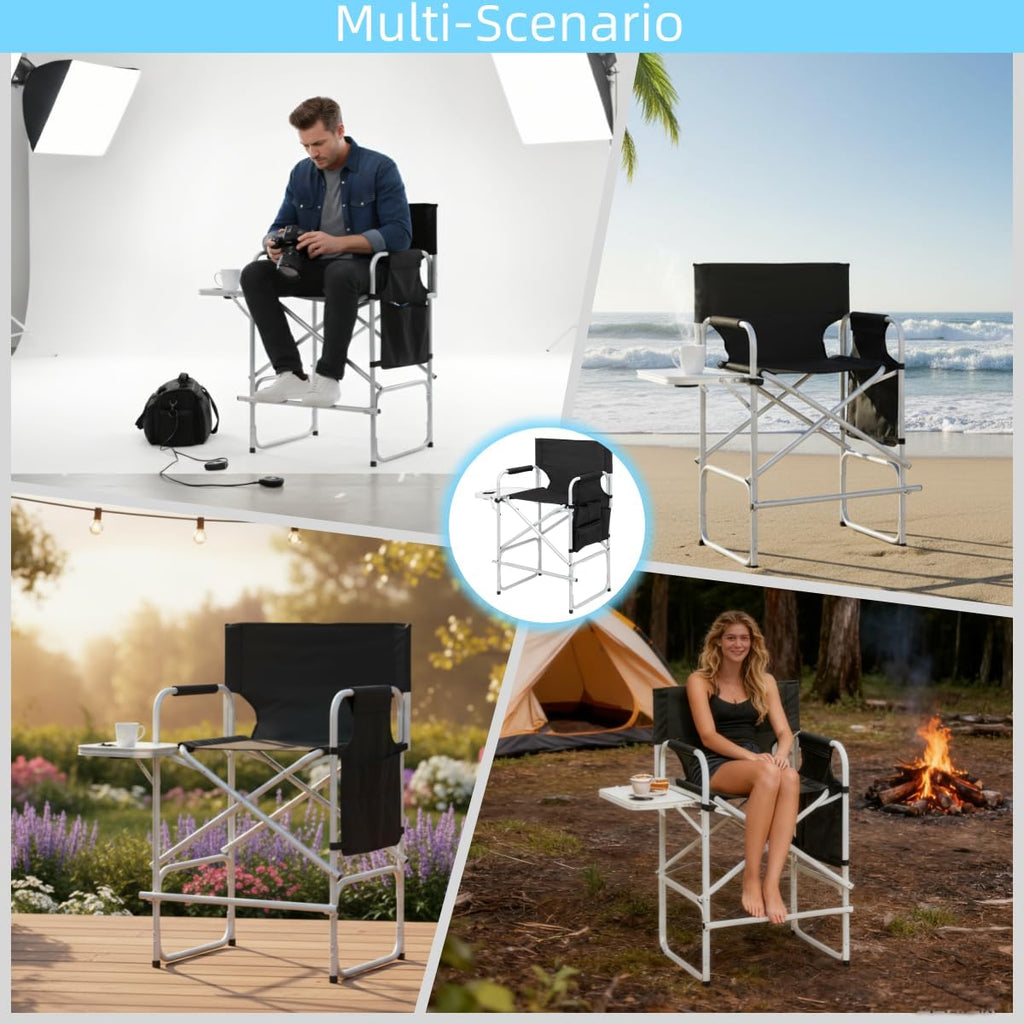 26.5" High Folding Directors Chair with Footrest, Side Table & Cup Holders - Portable for Camping, Fishing, Makeup Studios, and Indoor/Outdoor Use (Black)