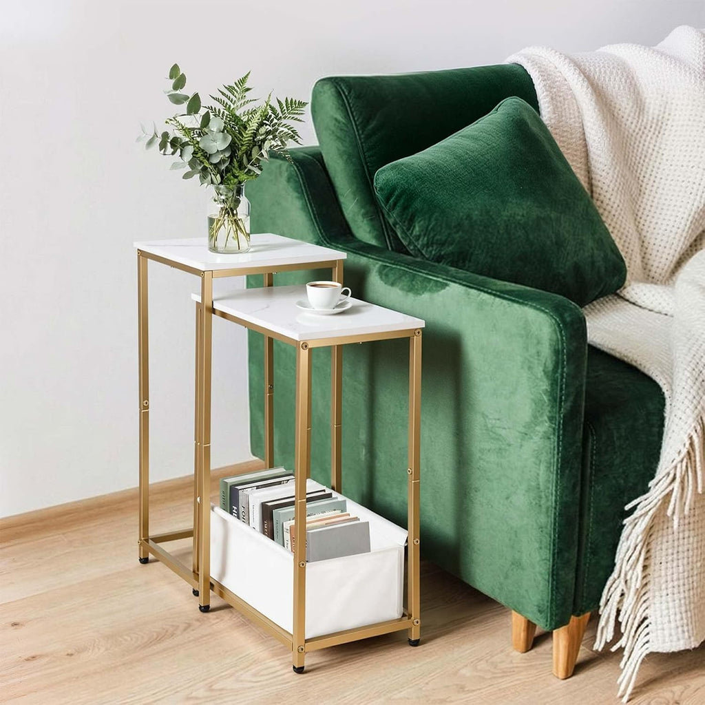 Nesting End Tables Set of 2, Stacking Side Table with Fabric Storage Basket, Small Nightstand for Small Space, Living Room, Bedroom, White Marble & Gold