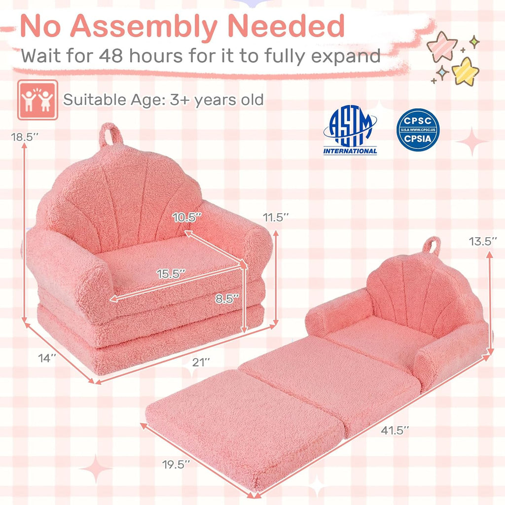 Costzon Convertible Kids Couch, 2-in-1 Soft Fold Out Toddler Couch Chair with Fabric Cover for Boys Girls, Toddler Chair Comfy, Kids Furniture for Playroom, Gift for Birthday, Christmas (Shell,Pink)