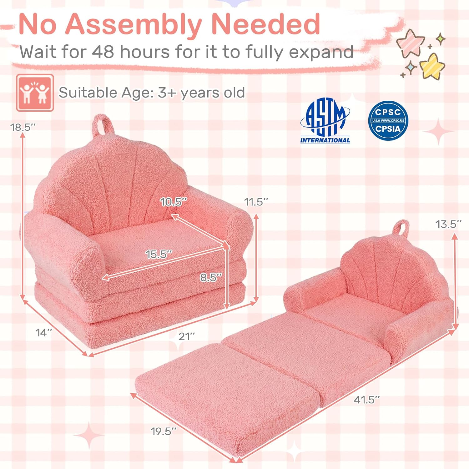 Costzon Convertible Kids Couch, 2-in-1 Soft Fold Out Toddler Couch Chair with Fabric Cover for Boys Girls, Toddler Chair Comfy, Kids Furniture for Playroom, Gift for Birthday, Christmas (Shell,Pink)