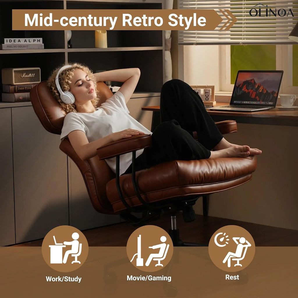 OLINOA PU Leather Office Chair High Back Ergonomic Desk Chair with Lumbar Support Mid-Century Executive Computer Chair with Wheels for Home Office, Brown