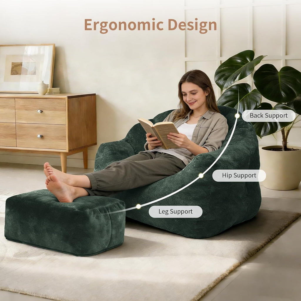 FanYi Cloud Chair Bean Bag Chair with Ottoman for Adults, Oversized Flannelette Shell Chair, High Density Memory Foam Chairs for Adults, Washable Cover Comfy Sofa for Living Room Bedroom,Green