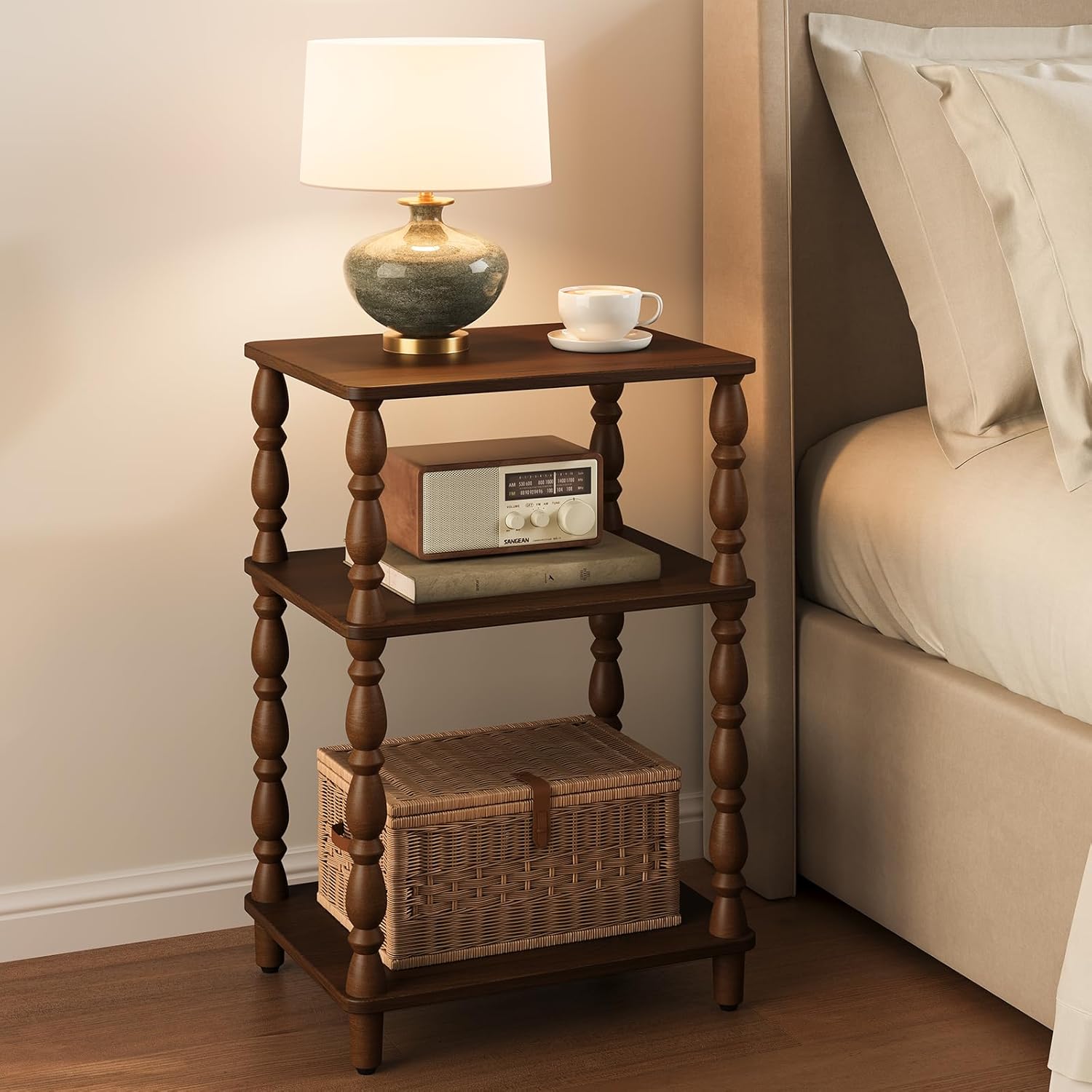Yoobure Small Side Table - Vintage End Tables Living Room with Spindle Legs, Accent Night Stand with 3-Tier Storage Shelf, Wood Nightstand for Bedroom, Bedside Table for Narrow Spaces, Walnut