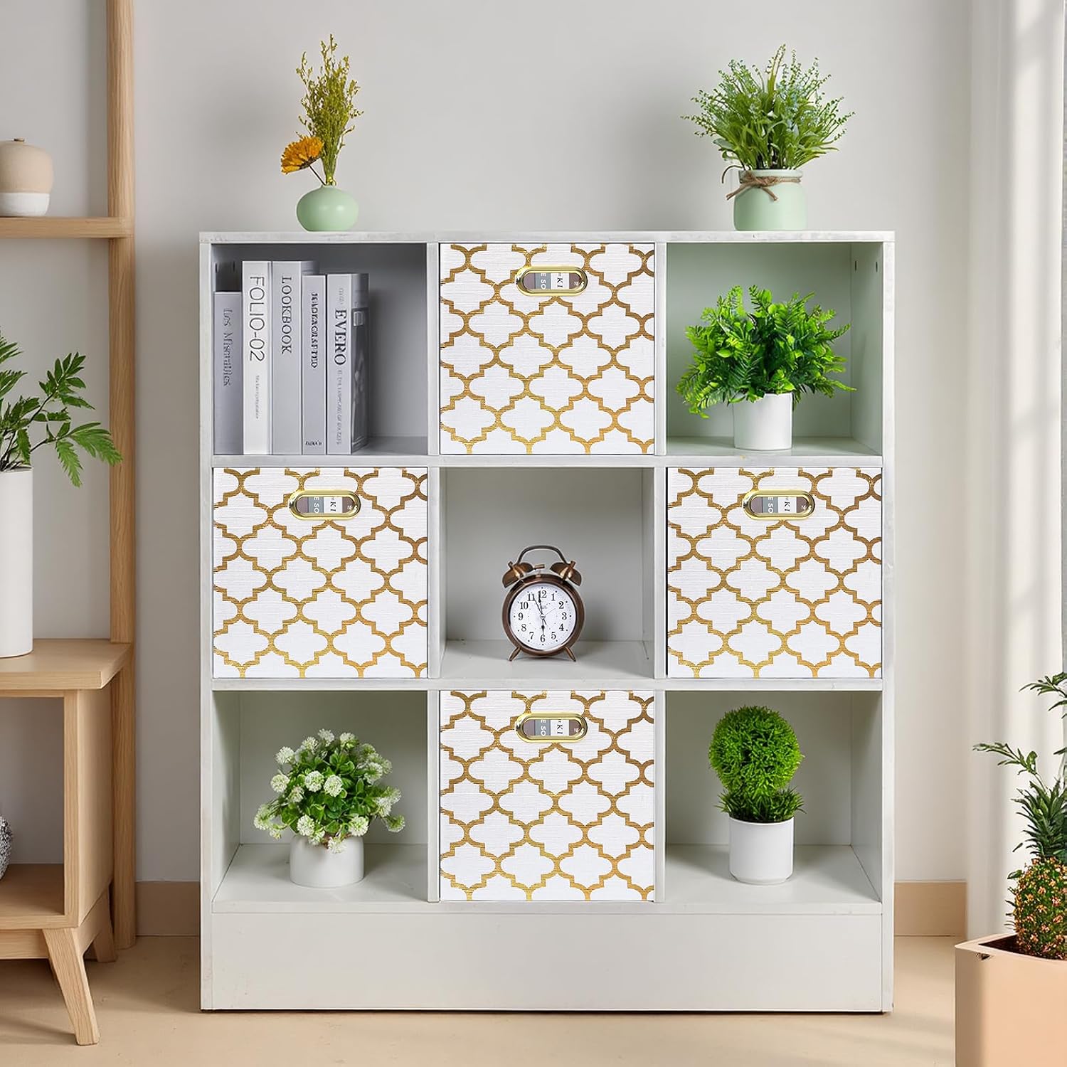 Posprica 13x13x13 Storage Cube Bins, Collapsible Storage Bins Fabric Storage Cubes Organizer Baskets Box Drawers for Shelves, Closet, Wardrobe, Bookshelf, Cabinet, Cream/Gold Lantern, 4 Pack