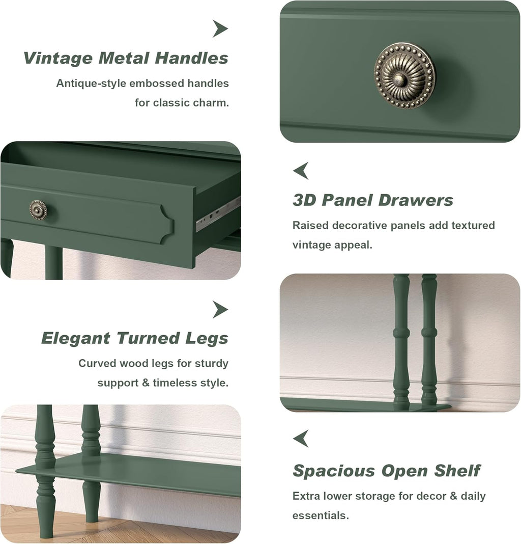 Console Table with 2 Drawers & Open Shelf, Green Retro Entryway Table with Storage Cabinets, Narrow Long Couch Table Behind Sofa for Living Room, Foyer, Hallway