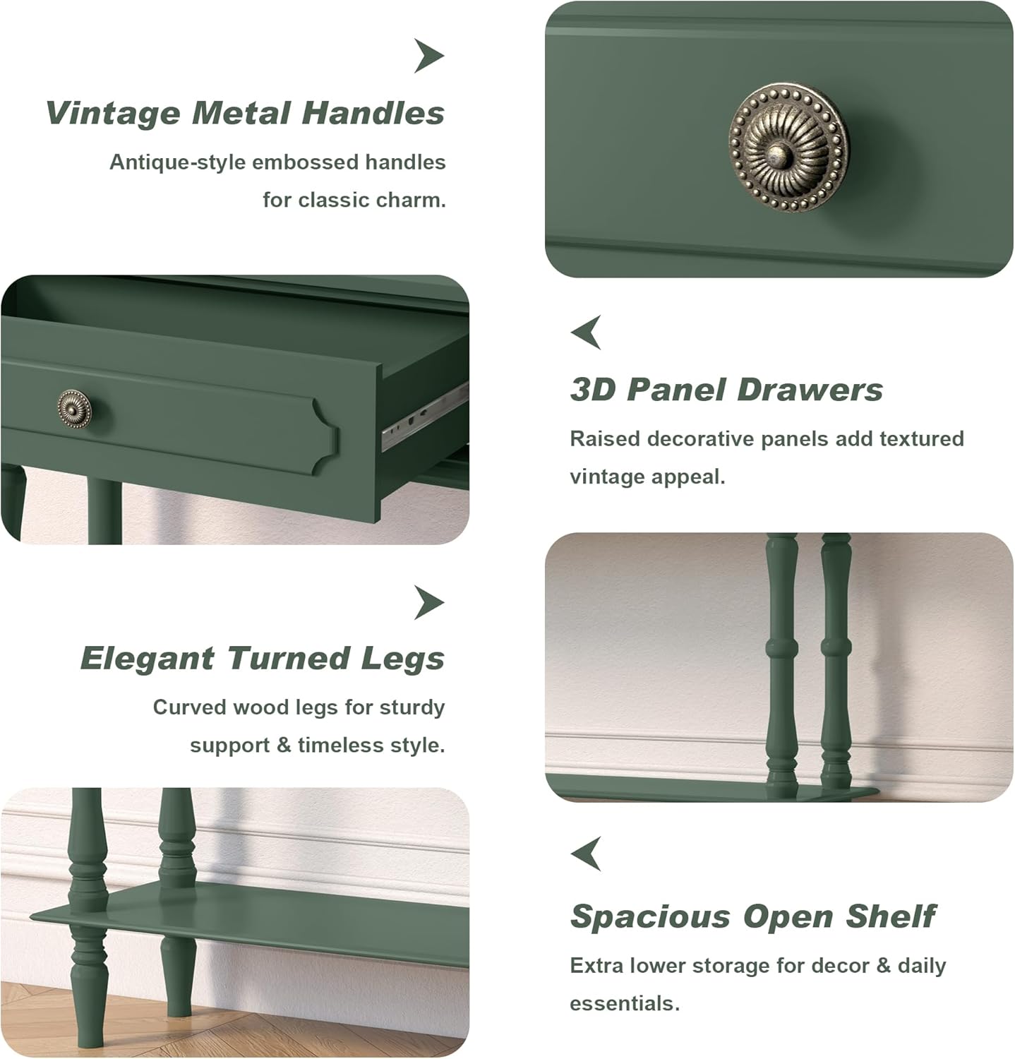 Console Table with 2 Drawers & Open Shelf, Green Retro Entryway Table with Storage Cabinets, Narrow Long Couch Table Behind Sofa for Living Room, Foyer, Hallway