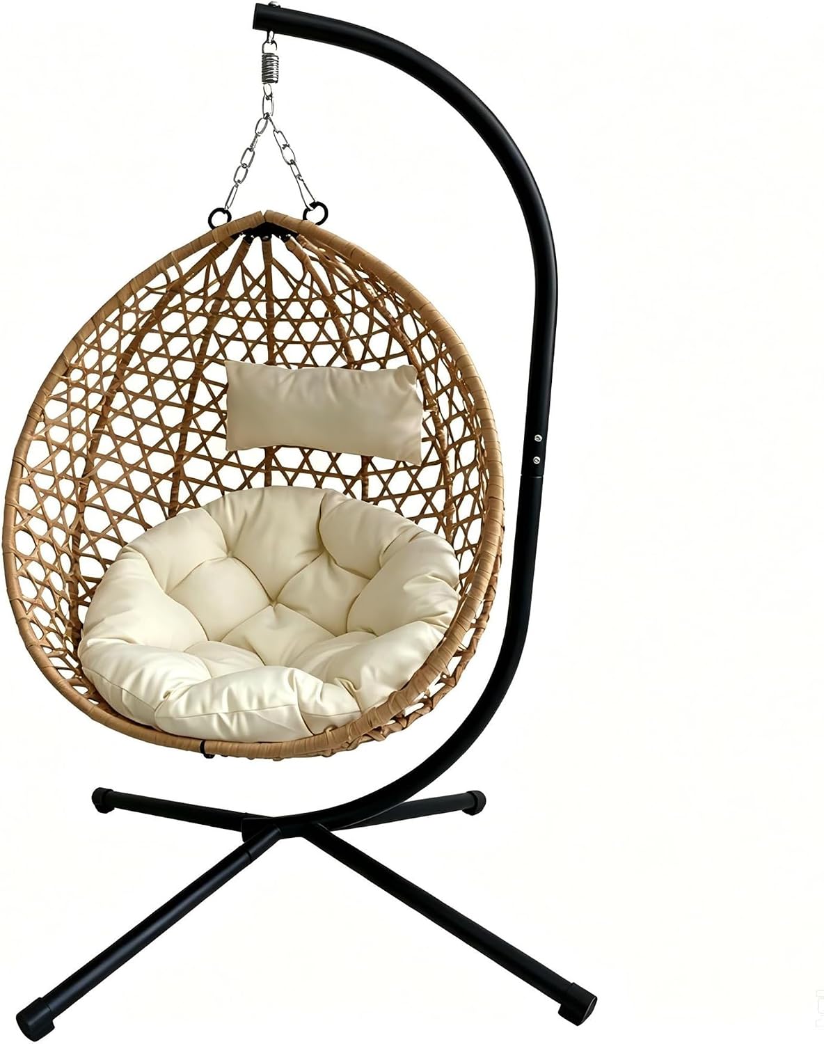 Foldable Hanging Egg Chair with Stand, 350 Lbs Capacity HDPE Rattan Swing Chair with Cushion for Indoor Outdoor Patio Bedroom Balcony(Beige+Yellow)
