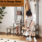 Espelism Hall Tree with Shoe Storage Bench Coat Rack with 7 Hooks Interchangeable 4 Tier Side Storage Shelves Small Cute Side Bench Industrial 5-in-1 Entryway Coat Rack for Hallway Mudroom Bedroom