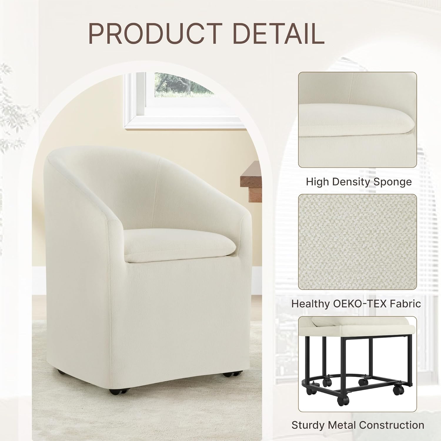 KISLOT Upholstered Dining Chairs with Casters, Washable Cover Modern Dining Room Chairs with Barrel Backrest & Dual Armrest for Kitchen, Living Room, Bedroom, Linen Fabric, 4PCS