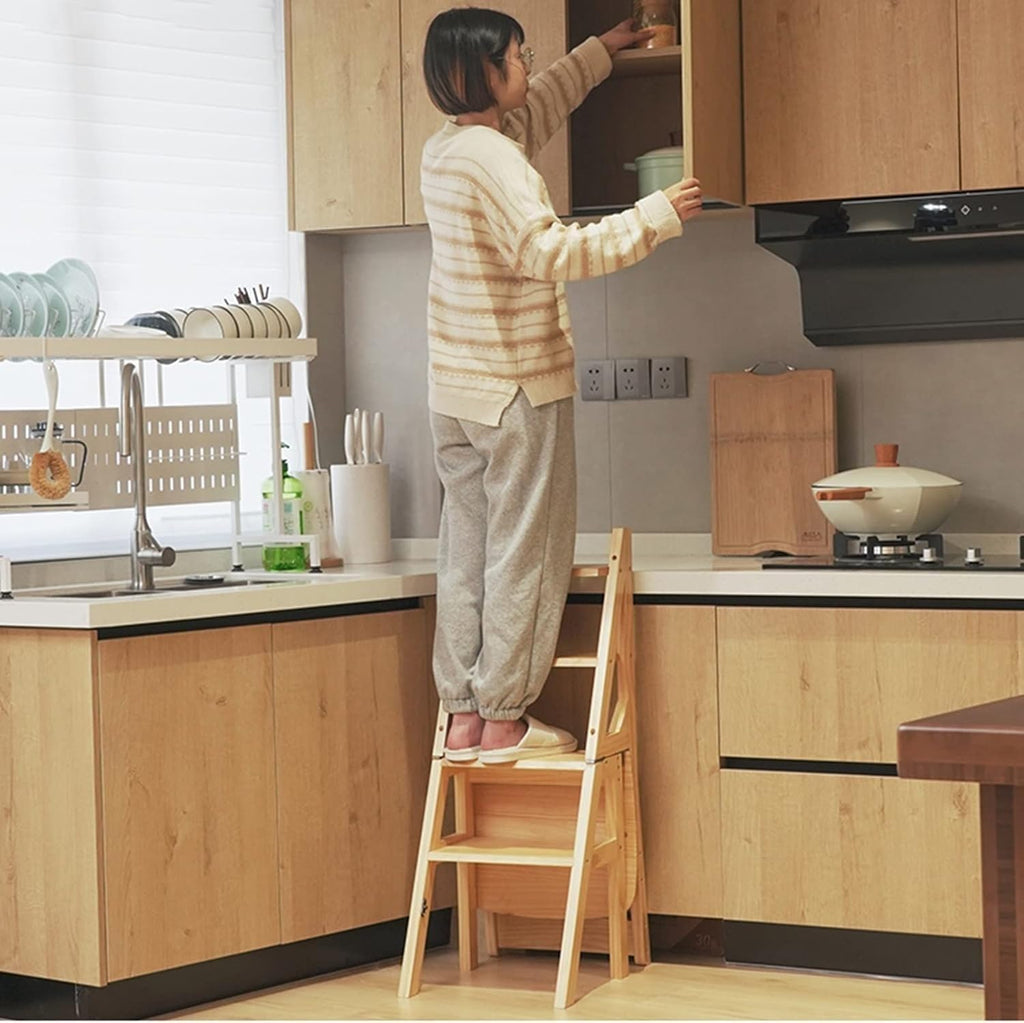 Solid Wood Folding Library Ladder Chair Step Stool 4 Step Dual Purpose Stepladder Display Stand Flower Stand(Wood)