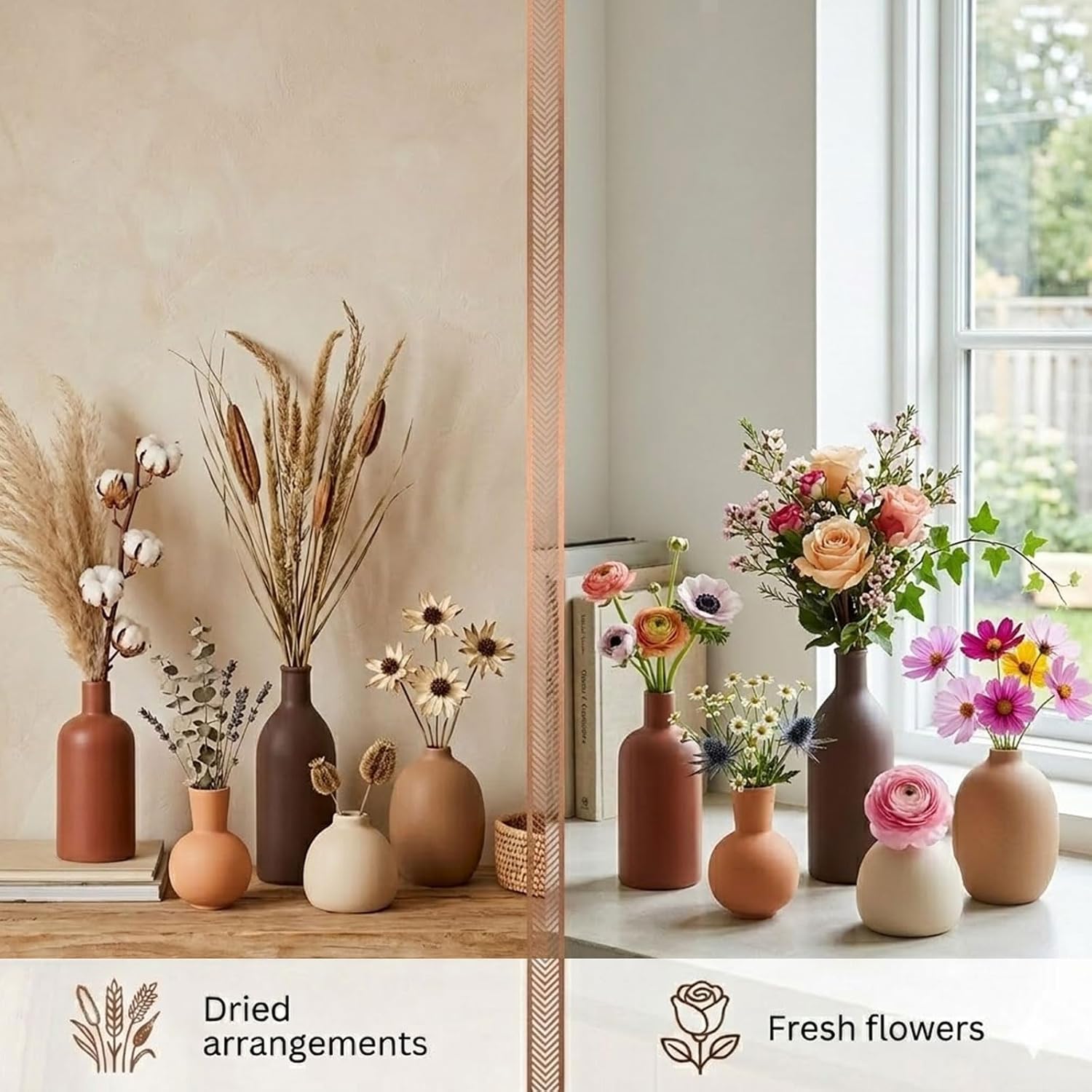 Modern Ceramic Vase Set of 5, Vases Home Decor Rustic Farmhouse Decorative Vase for Bouquet Dried Fresh Flowers, Table Living Room Kitchen Bedroom