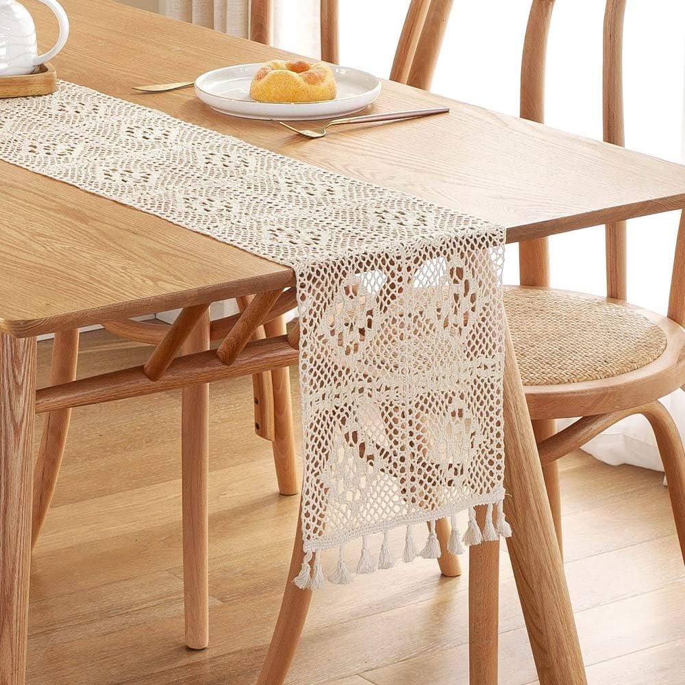 Crochet Macrame Beige Boho Table Runner in 87 inches with Tufted Tassel Handmade Vintage Floral Wedding Lace Table Runner Bohemian Farmhouse Holiday Home Deco