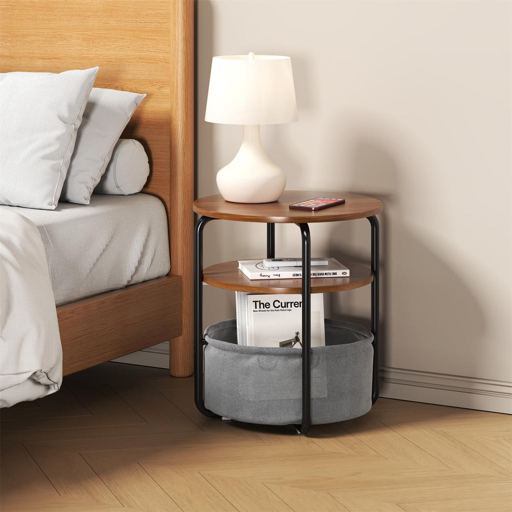 GarveeHome Small Side Table for Small Spaces with Storage Basket, Round End Table 3-Tier Nightstand 23.6" h Vintage Sofa Corner Table for Living Room, Bedroom, Patio Nursery, Bathroom