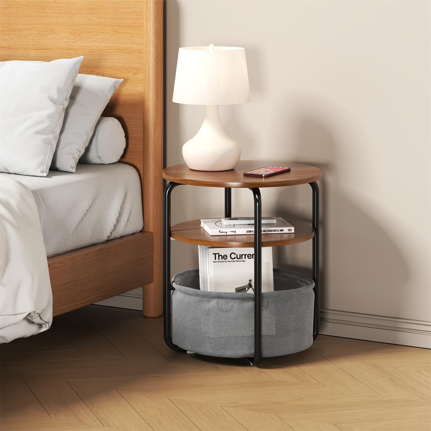 GarveeHome Small Side Table for Small Spaces with Storage Basket, Round End Table 3-Tier Nightstand 23.6" h Vintage Sofa Corner Table for Living Room, Bedroom, Patio Nursery, Bathroom