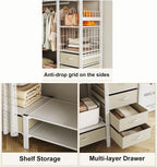 Heavy-Duty Clothes Rack Wardrobe with Curtain Large Walk-in Closet for Bedroom 4 Open Shelves & 6 Drawers Stylish White -Saving Design (168x50x170cm)