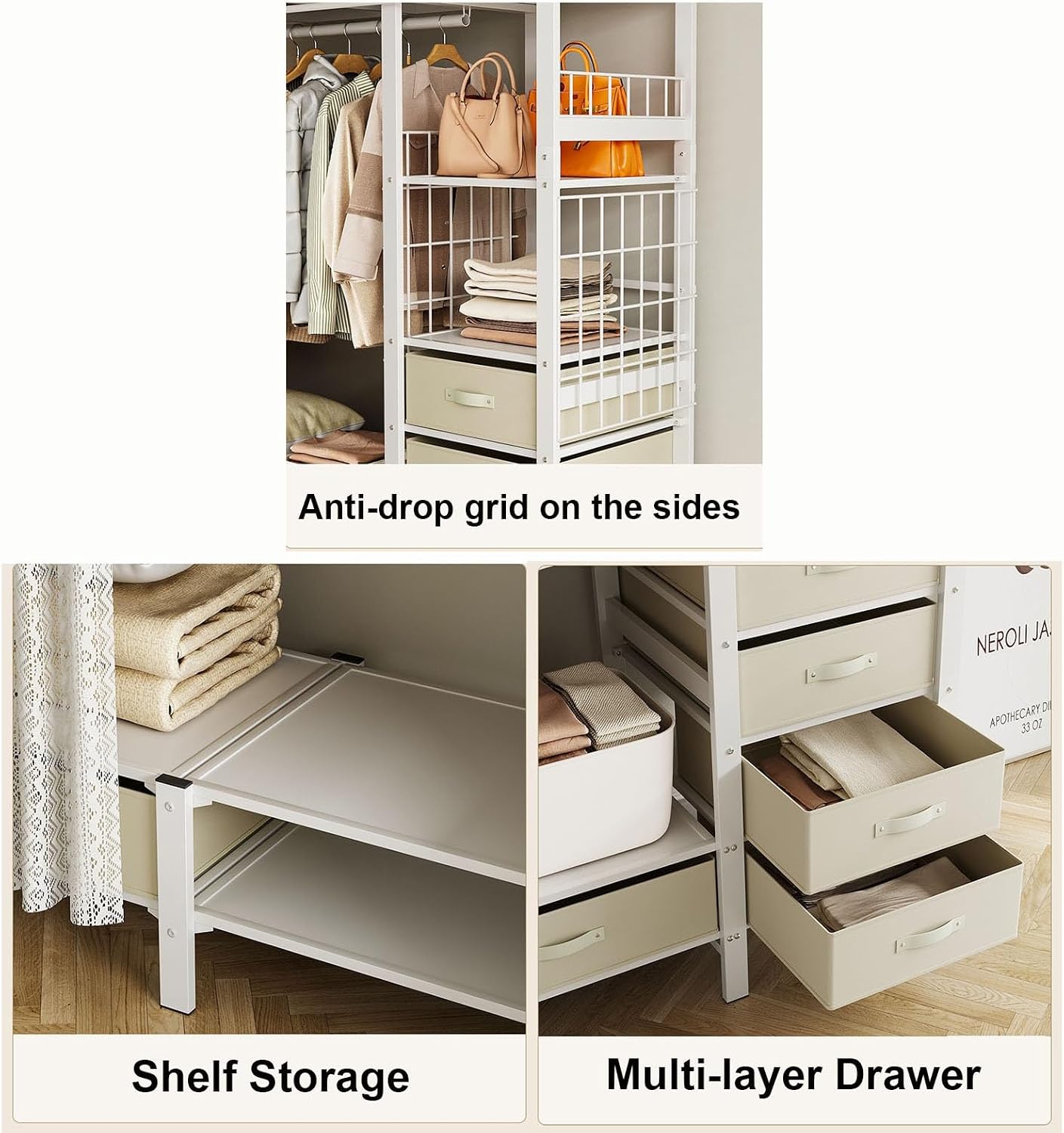 Heavy-Duty Clothes Rack Wardrobe with Curtain Large Walk-in Closet for Bedroom 4 Open Shelves & 6 Drawers Stylish White -Saving Design (168x50x170cm)