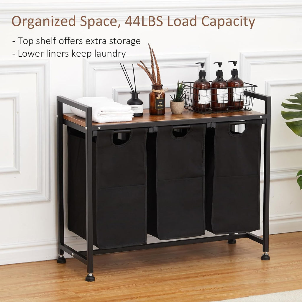 Laundry Sorter 3 Section, Laundry Hamper with Shelf and 3 Pull-Out Removable Bags, Large Capacity Clothes Basket with Metal Frame for Laundry Room Bathroom Apartment, 3 x 11.5 Gallons