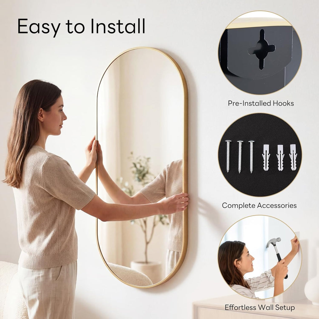 DUMOS 24" x 48" Oval Bathroom Mirror, Gold Wall Mirrors with Metal Frame, Tempered Glass, Morden Vanity Mirror for Over Sink, Entryway, Living Room, Bedroom, Horizontal or Vertical
