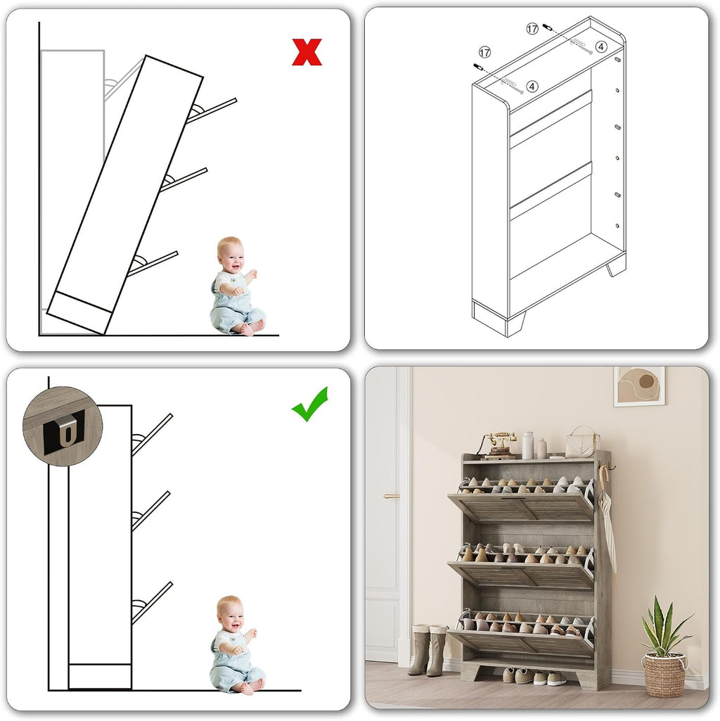IDEALHOSUE Shoe Cabinet Storage for Entryway, Slim Shoe Storage Cabinet with 3 Flip Drawers, Freestanding Hidden Narrow Shoe Organizer Cabinet with Hooks for Entrance, Foyer, Hallway, Gray