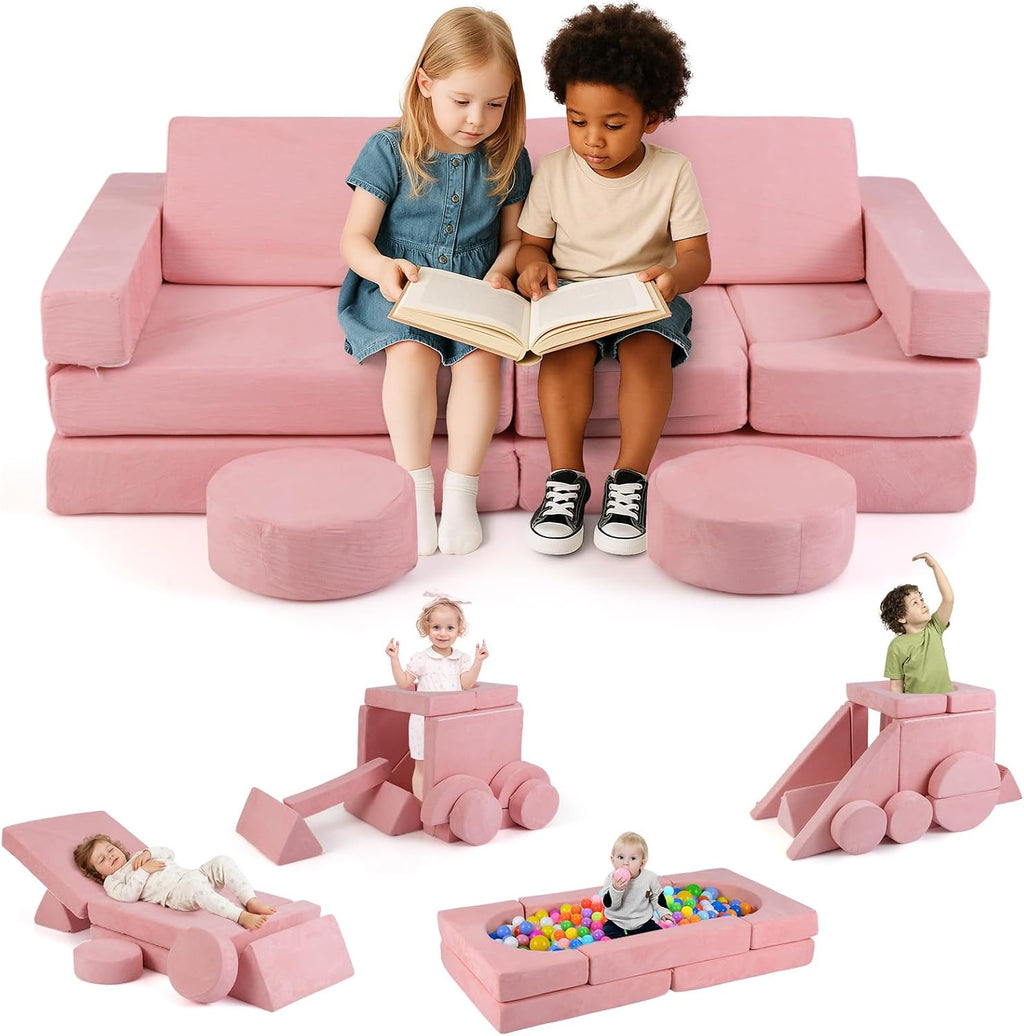 INFANS Modular Kids Play Couch, 13 PCS Toddler Creative Sectional Fort Building Sofa for Bedroom, Playroom, Children Convertible Versatile Soft Foam Furniture Playset Crawling Floor Cushion
