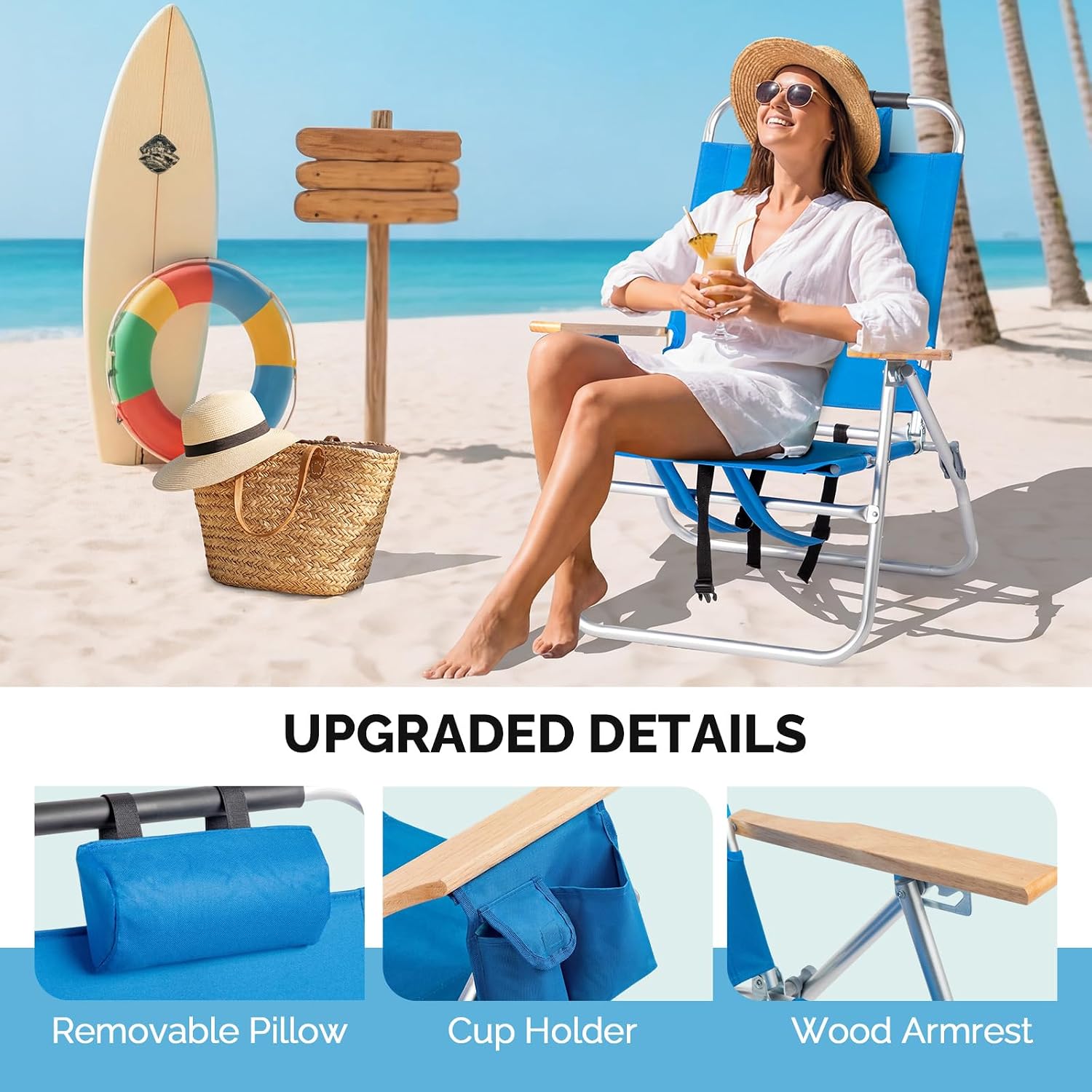 Bonnlo Lightweight Backpack Beach Chair, 2 Pack Portable Beach Chairs for Adults with Side Bag. 3 Level Adjustable Positions for Camping Patio and Picnic