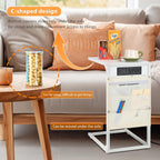 C Shaped End Table Set of 2, TV Tray with Charging Station, USB Ports and Outlets, Slide Under Couch, Storage Bag, for Small Spaces (White)