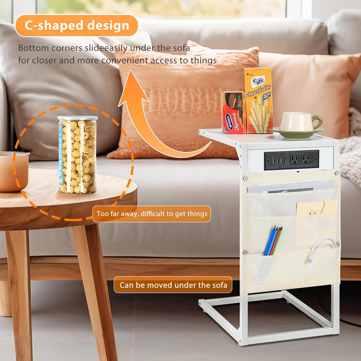 C Shaped End Table Set of 2, TV Tray with Charging Station, USB Ports and Outlets, Slide Under Couch, Storage Bag, for Small Spaces (White)
