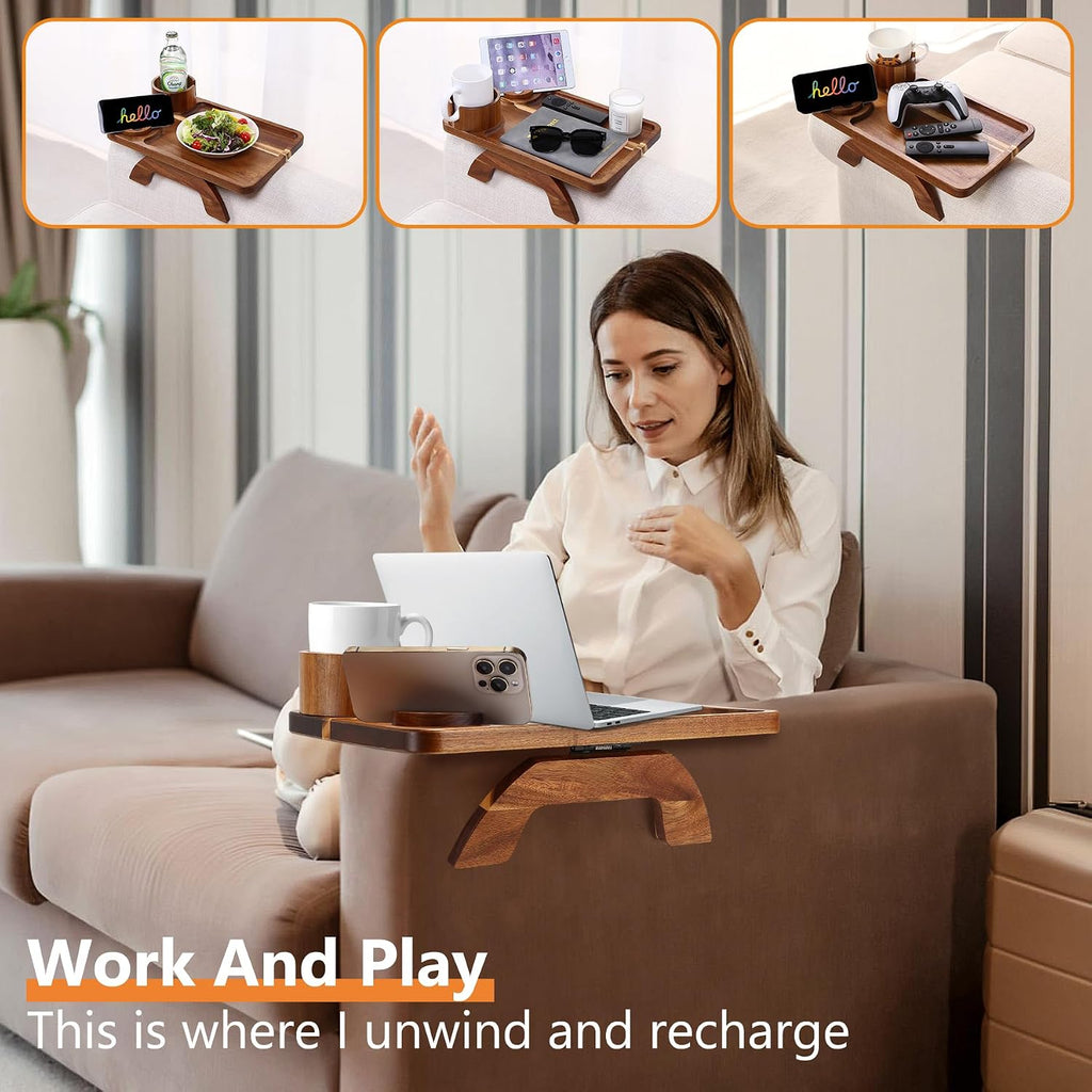 Couch Armrest Table Acacia with 360°Rotating Phone & Cup Holders,15.4" x 9.8", 3-in-1 Couch Arm Tray Clip-On Couch Tray for Drinks & Snacks