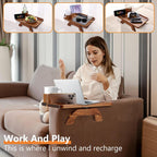 Couch Armrest Table Acacia with 360°Rotating Phone & Cup Holders,15.4" x 9.8", 3-in-1 Couch Arm Tray Clip-On Couch Tray for Drinks & Snacks