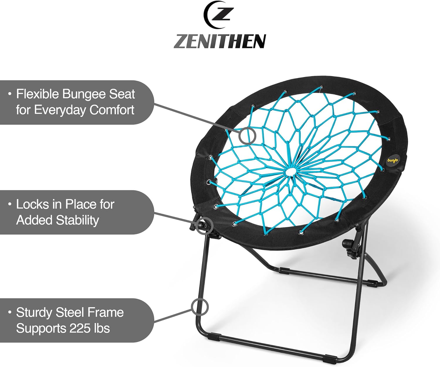 Zenithen Foldable 29" Bunjo Bungee Chair, Teal (Pack of 1) - Lightweight Collapsible Seating for Teens, Adults, Dorms, Bedrooms, Camping & Gaming - 225lb Capacity Portable Seat