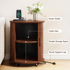 ONBRILL Round End Table Set of 2 with Charging Station, Mid Century Bedside Table with Sliding Door & 2 Tier Storage, Modern Nightstands Set of 2 for Living Room, Bedroom, Entryway, Walnut