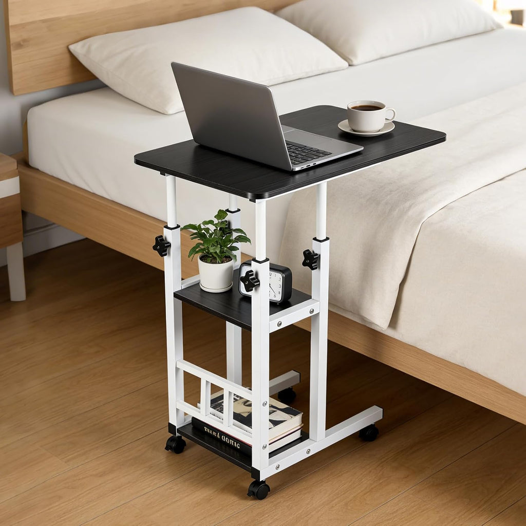 Adjustable C Table,Over Bed Table with Wheels,Rolling Side Table, Over Bed Table with Wheels, Bedside Table, for Sofa Side Small Space, Stable Multi Storage Desk, Black