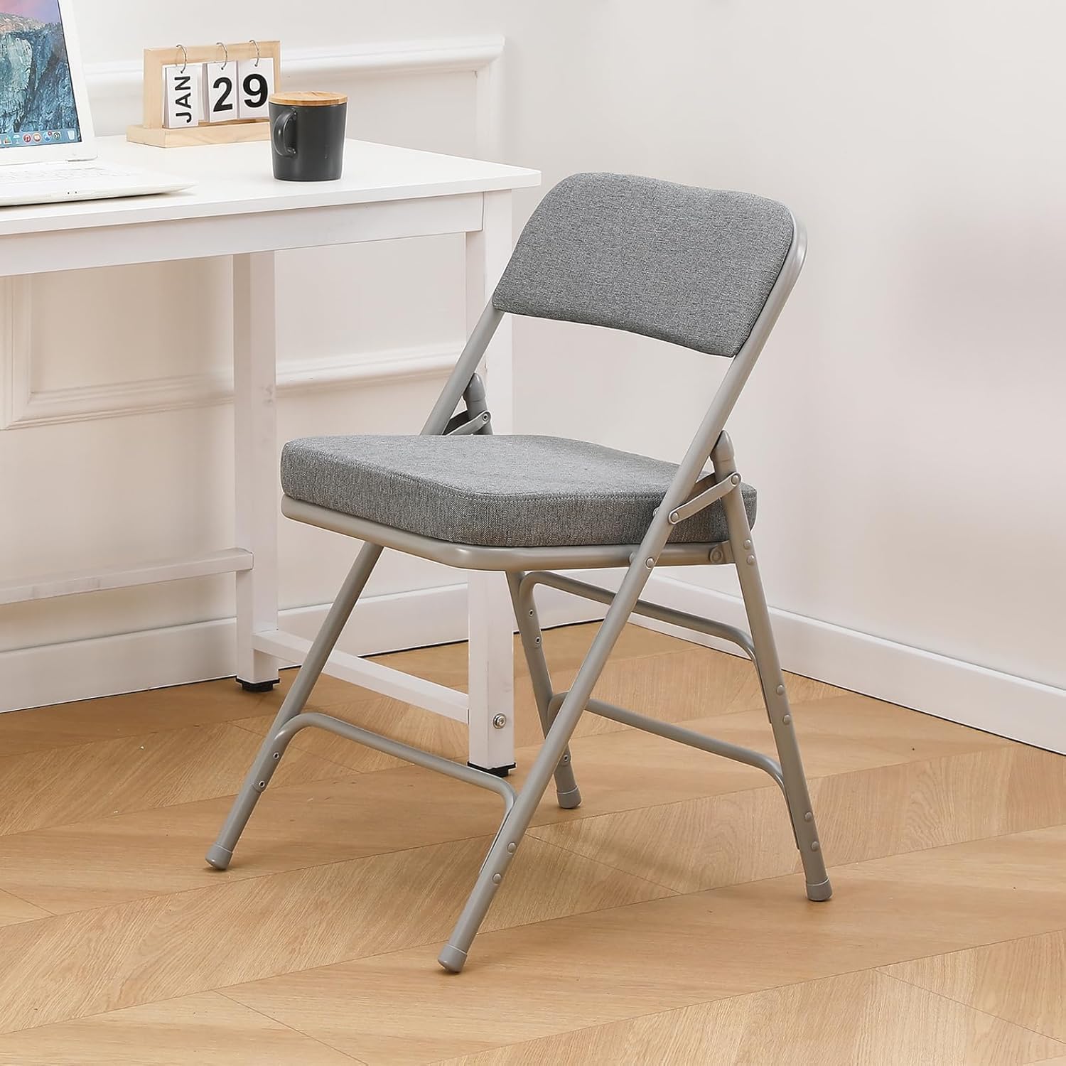 KAIHAOWIN 2 Pack Padded Folding Chairs Upholstered Foldable Chair with Ultra Thick Padded Seat Comfortable Metal Chairs Indoor with Super Soft Fabric Cushion-Grey