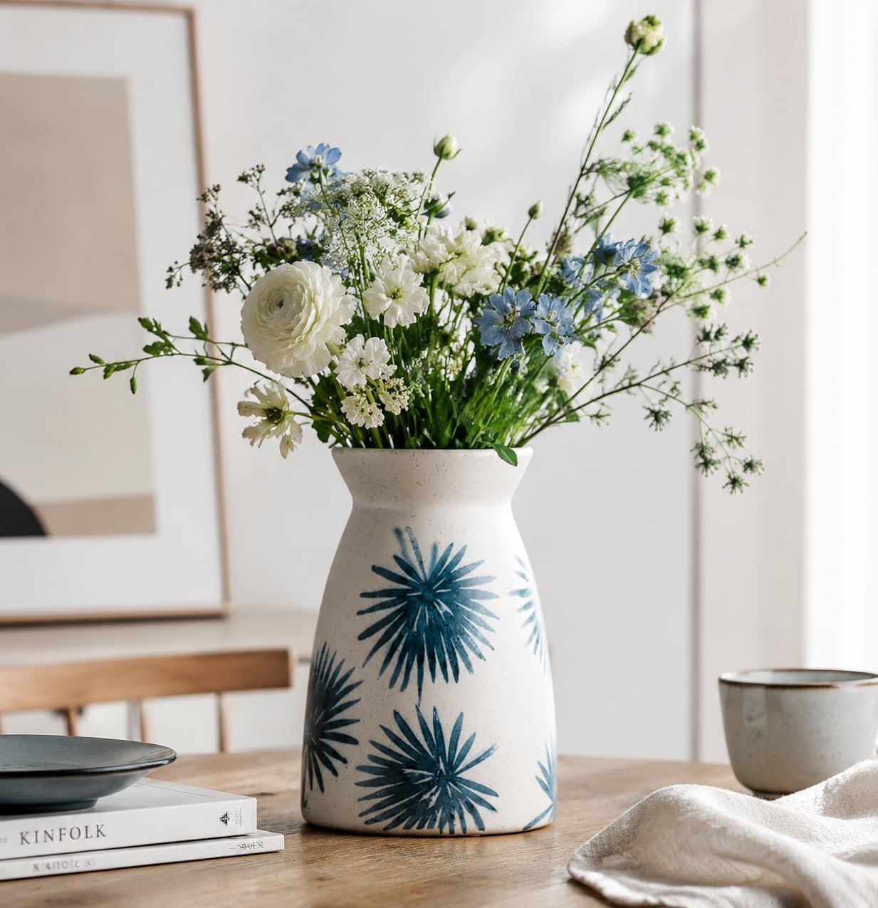 hjn White Flower Vase- Ceramic Vase for Decor, White vase for Flowers, Modern Vases for Living Room/Home Decor Accents/Entryway/Mantel/Bookshel-Teal