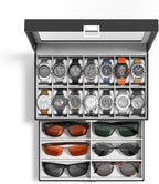 Watch Case Box for Men - 14 Slots Watch Display Organizer with Glass Lid, Double Layer PU Leather Jewelry Storage with Drawer, Gift for Husband Boyfriend Dad, Black