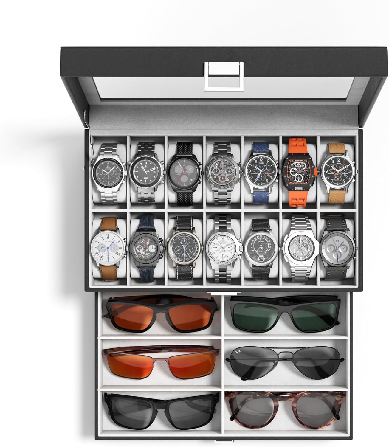 Watch Case Box for Men - 14 Slots Watch Display Organizer with Glass Lid, Double Layer PU Leather Jewelry Storage with Drawer, Gift for Husband Boyfriend Dad, Black