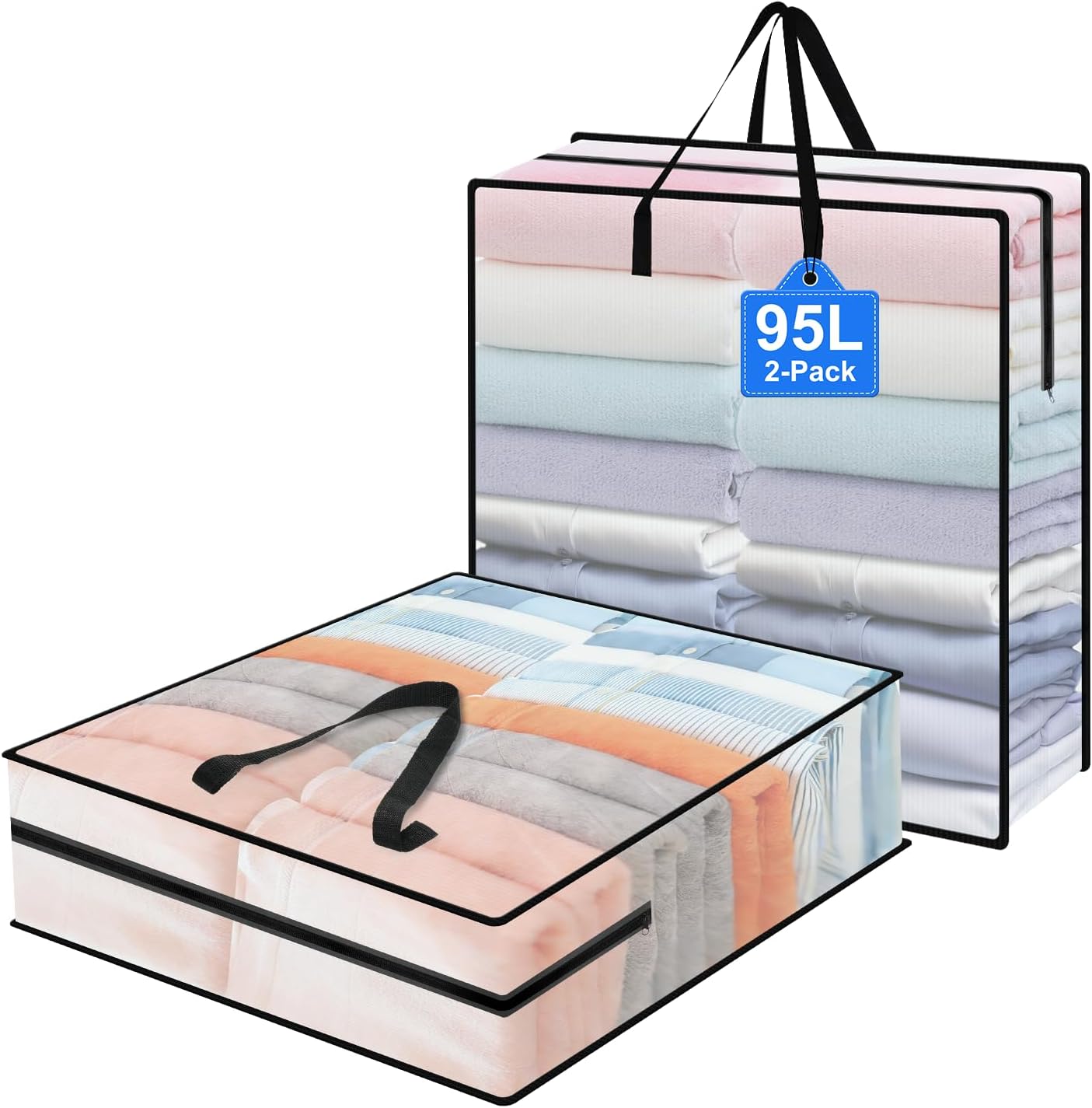 95L Under Bed Storage Bag, 2-Pack Clothes Storage Bags with Zippers and Handles, Clear Moving Bags for Quilt Pillow Blanket Bedding Storage or Wreath Closet Organizer Home Storage