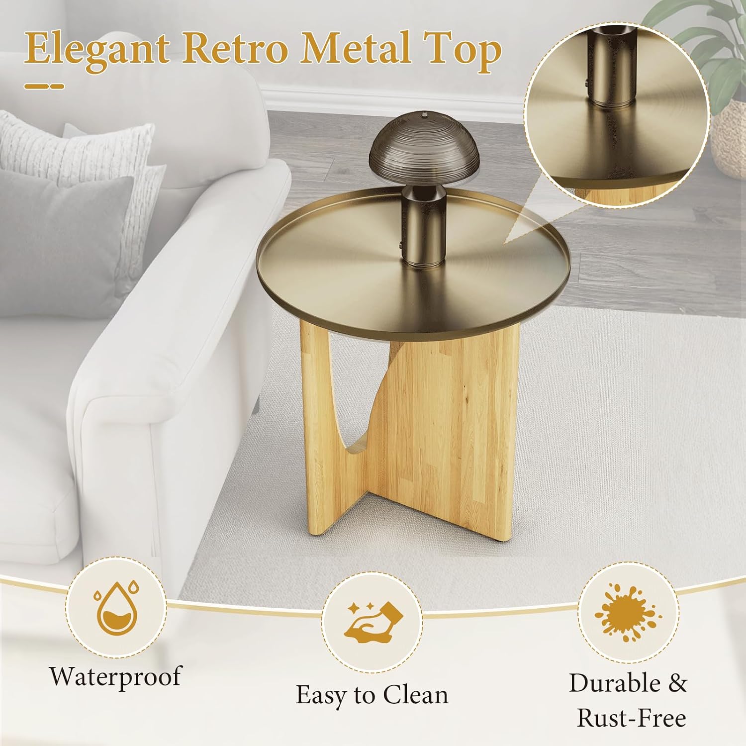 Asday Farmhouse End Table, Wood Side Table with Metal Tray Top, Geometric Base, Small End Table, Bedside Table for Living Room or Bedroom, 1 Piece