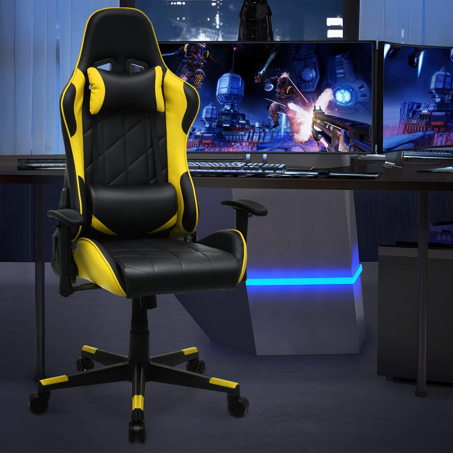 Magshion Gaming Chair, 90°-130° Reclining High-Back Gaming Chair with Lumbar Support, Ergonomic Adult Adjustable-Height Recliner for Home Office, 250 LBS Capacity, Yellow